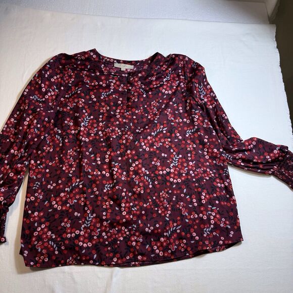 Loft women's burgundy floral blouse, velvet buttons flowy sleeves‎ Sz XXL Pretty - Picture 1 of 13